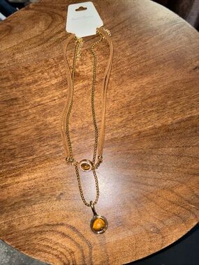 Gold-Tone Double Layer Necklace with Amber Stones - Women Jewelry